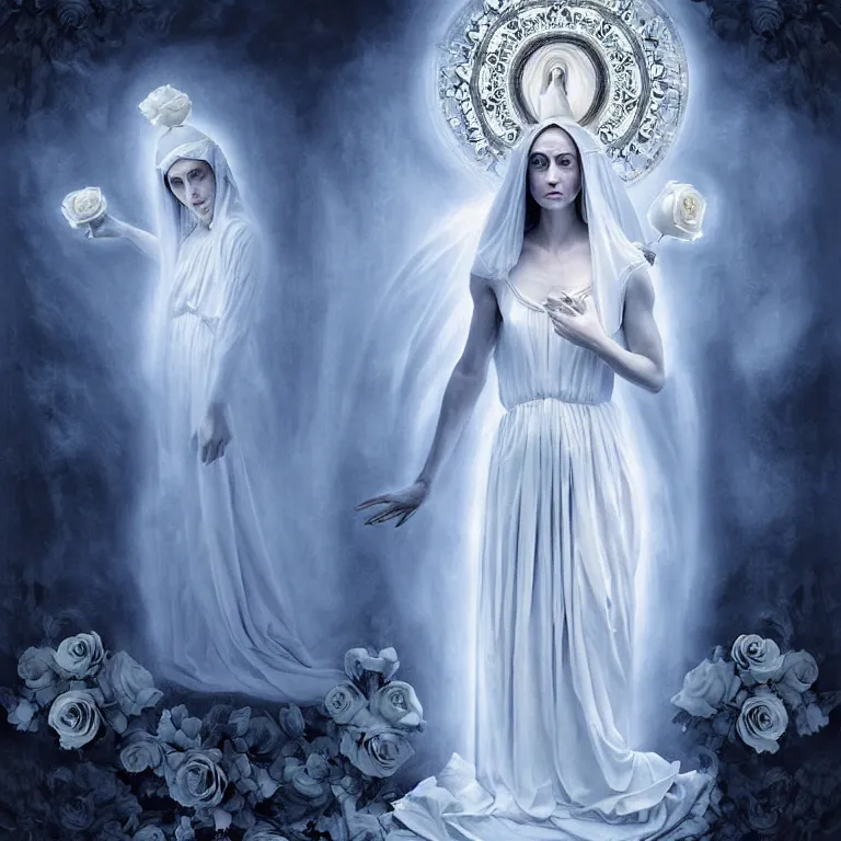 Image similar to renaissance professional digital art of wonderful symmetrical goddess with a majestic semi transparent white roses cotton dress, blue atmospheric light, dramatic lighting, cinematic, painted, intricate, detailed, foreboding, by art by meredit frampton and gregory crewdson, epic, stunning, gorgeous, much wow, cinematic, masterpiece.