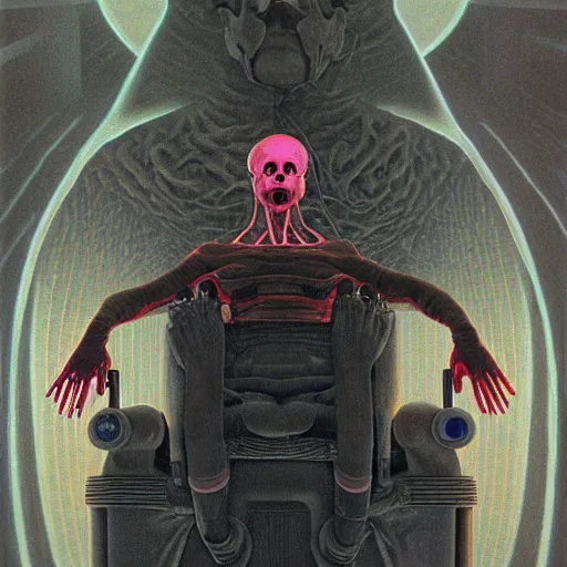 Prompt: a person sitting on a throne, wearing an oxygen mask with lots of tubes, dark, wayne barlowe