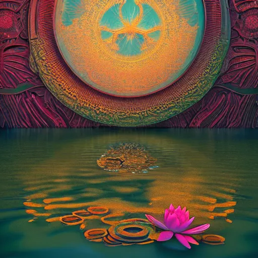 Prompt: by kilian eng rendered in cinema 4 d, indian ornate. a peaceful photograph that shows a pond with water lilies floating on the surface. the colors are soft & calming, & the overall effect is one of serenity & relaxation.