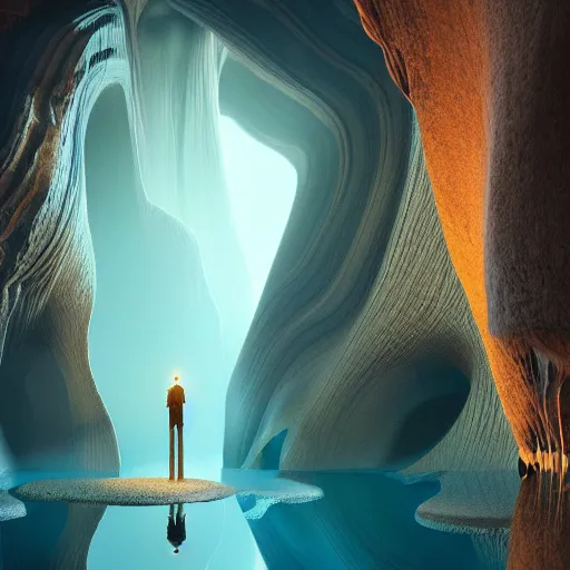 Image similar to light is mine to travel,beyond time ,the cathedrals in a canyon grotto of life the beginning , geological strata,ground mist, falling water,pools of water, hypermaximalist,micro details, 3d sculpture,,digital rendering,octane render , 4k, artstation, concept art , f22,deep depth of field,photographic, wide angle,cinematic lighting