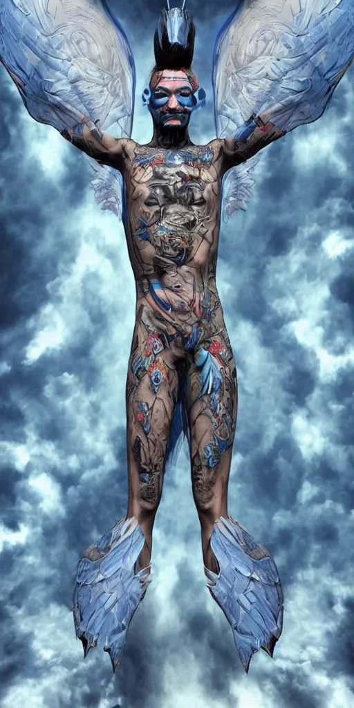 Image similar to full body male alien with cyberangel wings, tattoos cover all over him blue skin in a terrifying pose, transparent silk outfit flowing in the wind by bruce labruce, digital art, redshift render, hyperrealistic