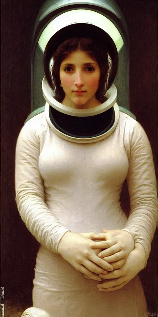 Image similar to portrait of a woman in astronaut helmets an ancient human species, by bouguereau