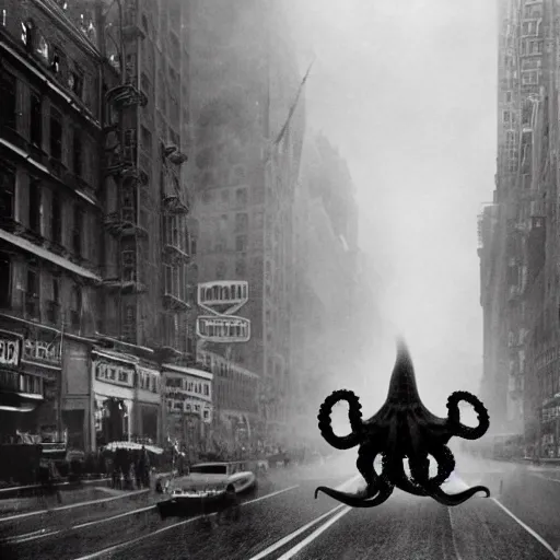 Image similar to old black and white photo, 1 9 1 3, depicting a giant alien dieselpunk octopus rampaging through the bustling streets of new york city, historical record, volumetric fog
