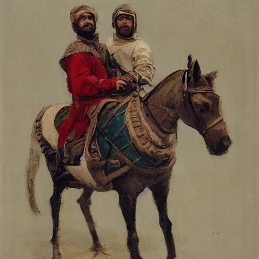 Prompt: portrait of man waring chinmail and gambeson, holding lance and sitting on horse wearing caparisons, medieval by greg manchess, bernie fuchs, walter everett, lost edges