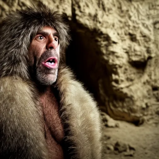 Image similar to Photo portrait Joe Rogan as a wax neanderthal cave man exaggerated brow wrapped in fur cloak screaming like a savage in the natural history museum background dramatic lighting 85mm lens by Steve McCurry