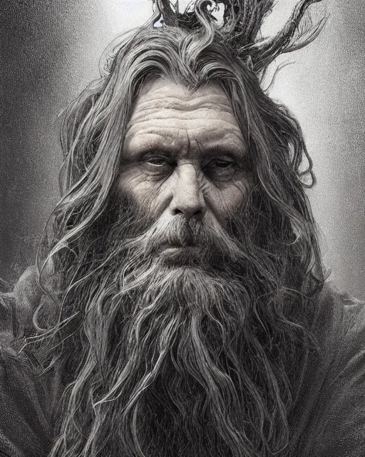 Image similar to portrait of a 6 0 - year - old giant man with long tangles of bushy black hair and beard hiding most of his face, kind eyes, wearing in black cloak, hyper realistic face, beautiful eyes, fantasy art, in the style of greg rutkowski, intricate, alphonse mucha, hyper detailed, smooth