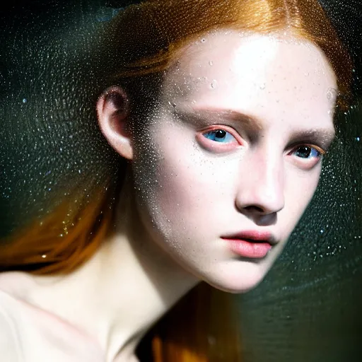 Prompt: close photographic portrait of a stunningly beautiful english renaissance female in deep god rays water, caustics, soft focus, contemporary fashion shoot, hasselblad nikon, in a denis villeneuve and tim burton movie, by edward robert hughes, annie leibovitz and steve mccurry, david lazar, jimmy nelsson, extremely detailed, breathtaking, hyperrealistic, perfect face