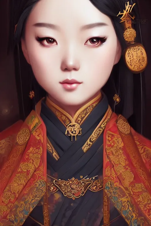 Image similar to a lovely and shiny young empress of qing dynasty, face by artgerm, ross tran, fuji choko, loish, 8 k resolution, attractive, symmetrical portrait, beautifully detailed landscape of ruin, trending on pixiv and pinterest, charming black eyes, luxury, perfect face, smooth, dreamlike