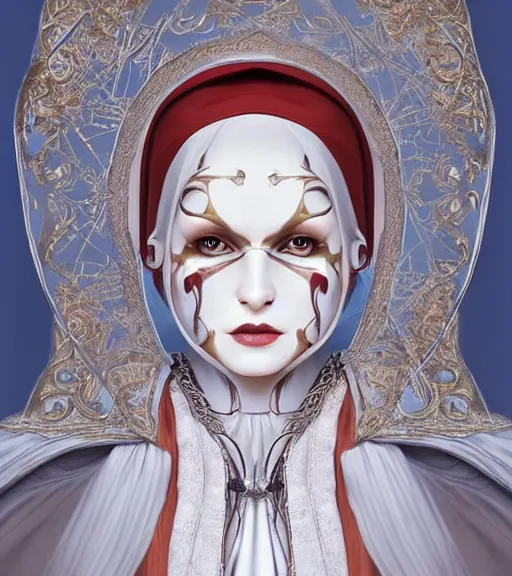 Image similar to beautiful female character inspired by venice carnival, kuruminha and nun | | digital artwork made by greg rutswork, anna dittmann and lois van barlee, symmetrical, anatomically correct