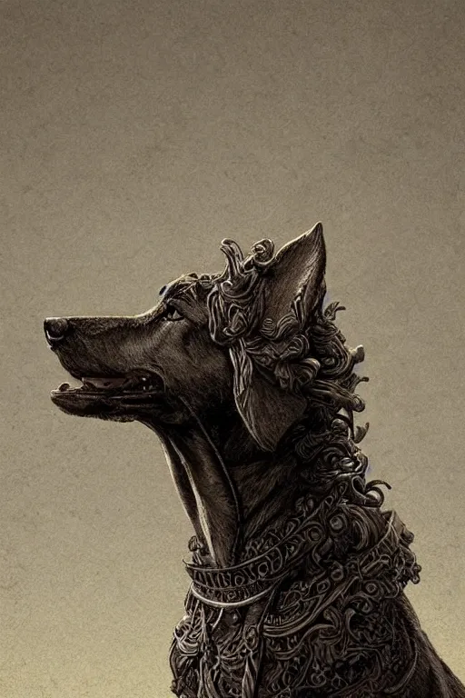 Image similar to Dog as a god, detailed face, statue, gorgeous, Delicate and intricate borders for decoration, amazing, flowing hair, muscular, fit, very muscular male body, crepuscular ray, intricate, highly detailed, 8K, digital painting, artstation, concept art, sharp focus, over-shoulder shot, illustration, art by greg rutkowski beeple and alphonse mucha