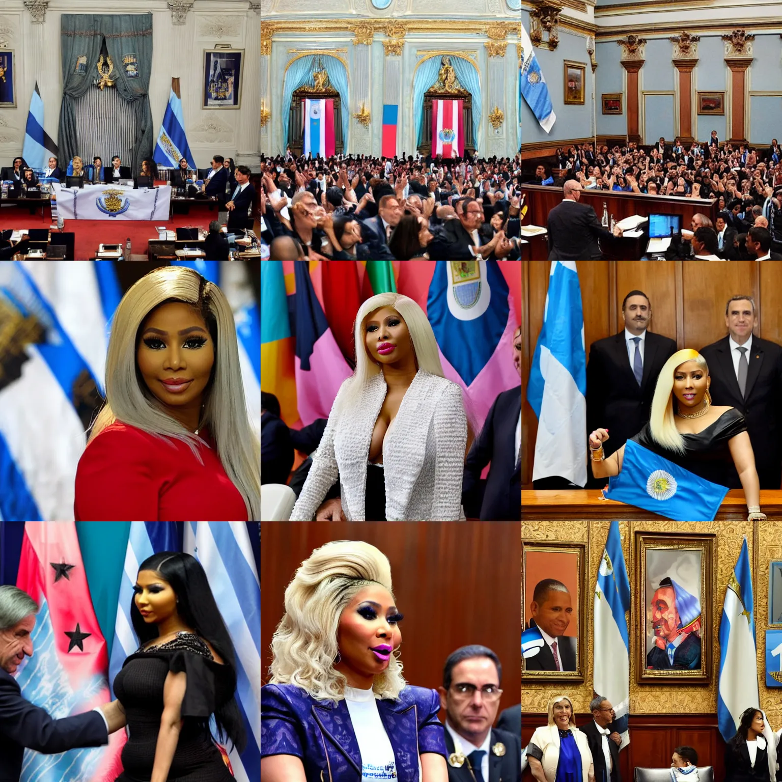 Image similar to Nicki Minaj president of Argentina, in the Argentine Congress, flags of Argentina behind, detailed picture