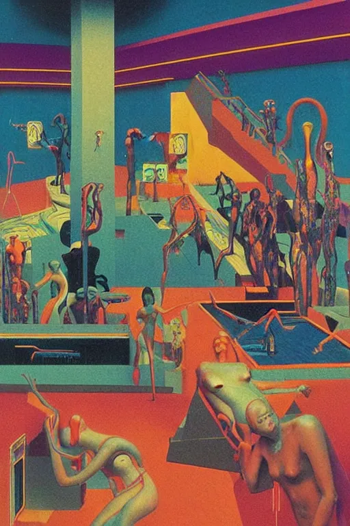 Prompt: 8 0 s art deco motel with swimmingpool, robots, neon signes, cinematic dramatic cyberpunk textural fluid lines otherworldly vaporwave interesting details fantasy lut epic composition by basquiat zdzisław beksinski james jean artgerm rutkowski moebius francis bacon gustav klimt