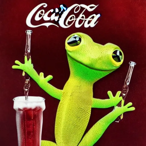 Prompt: gecko advertising the drink coca cola to all his chameleon friends, promo photo