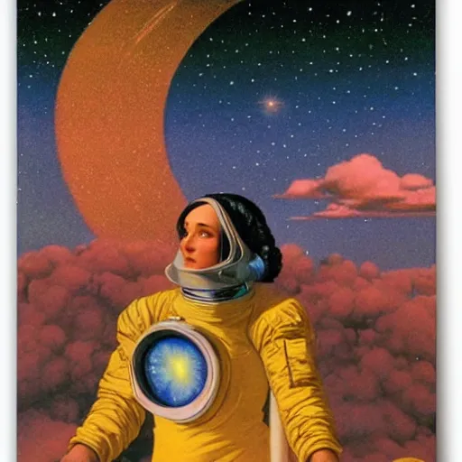 Prompt: yennefer of vengerberg as an astronaut in deep space by maxfield parrish by mati klarwein