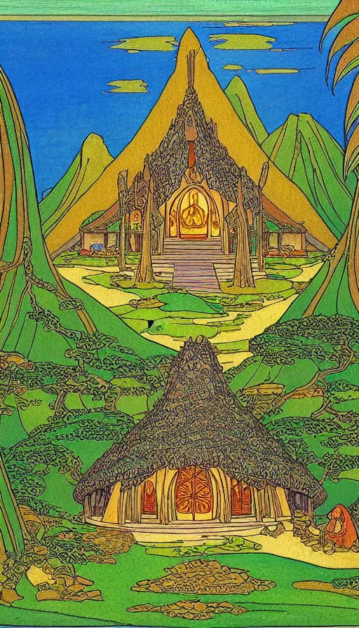 Image similar to hobbit monastery on hawaii, by Ivan Bilibin,