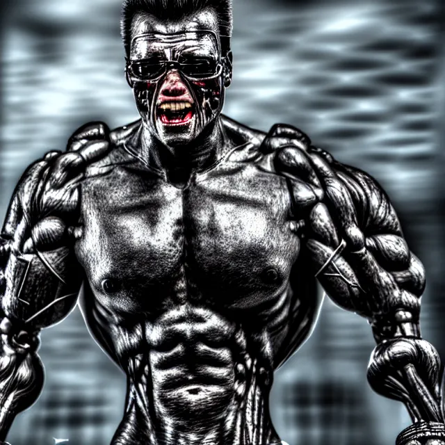 Prompt: terminator, steroids to the max, highly detailed, 4 k, hdr, smooth, sharp focus, high resolution, award - winning photo, boris valejo, photorealistic