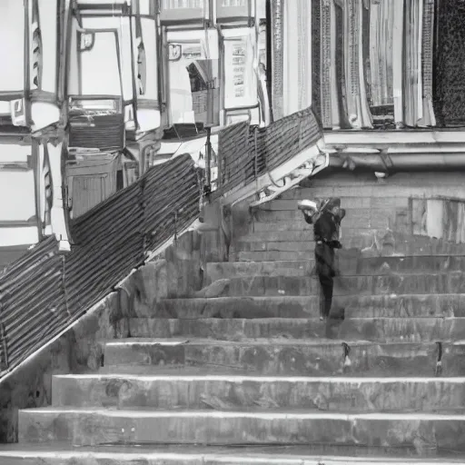 Image similar to black and white surreal photograph, highly detailed vast space made of stairsteps, sideview, detailed textures, natural light, mist, architecture photography, film grain, soft vignette, sigma 1 4 mm f / 1. 4 1 / 1 0 sec shutter, imax 7 0 mm footage