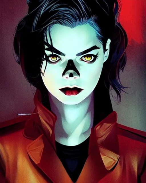 Image similar to Rafael Albuquerque comic cover art, loish, Sam yang, artgerm, Ross tran, pretty female Samara Weaving vampire, very sharp fangs blood on face face, sarcastic smile, symmetrical eyes, symmetrical face, brown leather jacket, jeans, long black hair, middle shot, highly saturated, deep blacks