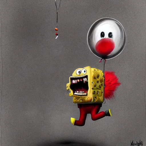 Image similar to surrealism grunge cartoon portrait sketch of spongebob with a wide smile and a red balloon by - michael karcz, loony toons style, pennywise style, horror theme, detailed, elegant, intricate