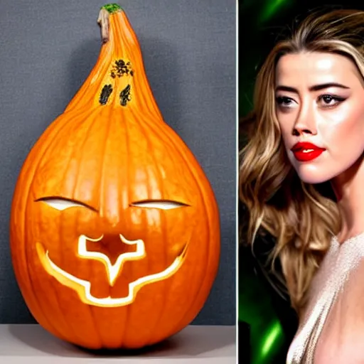 Image similar to a gourd shaped to look like the face of amber heard