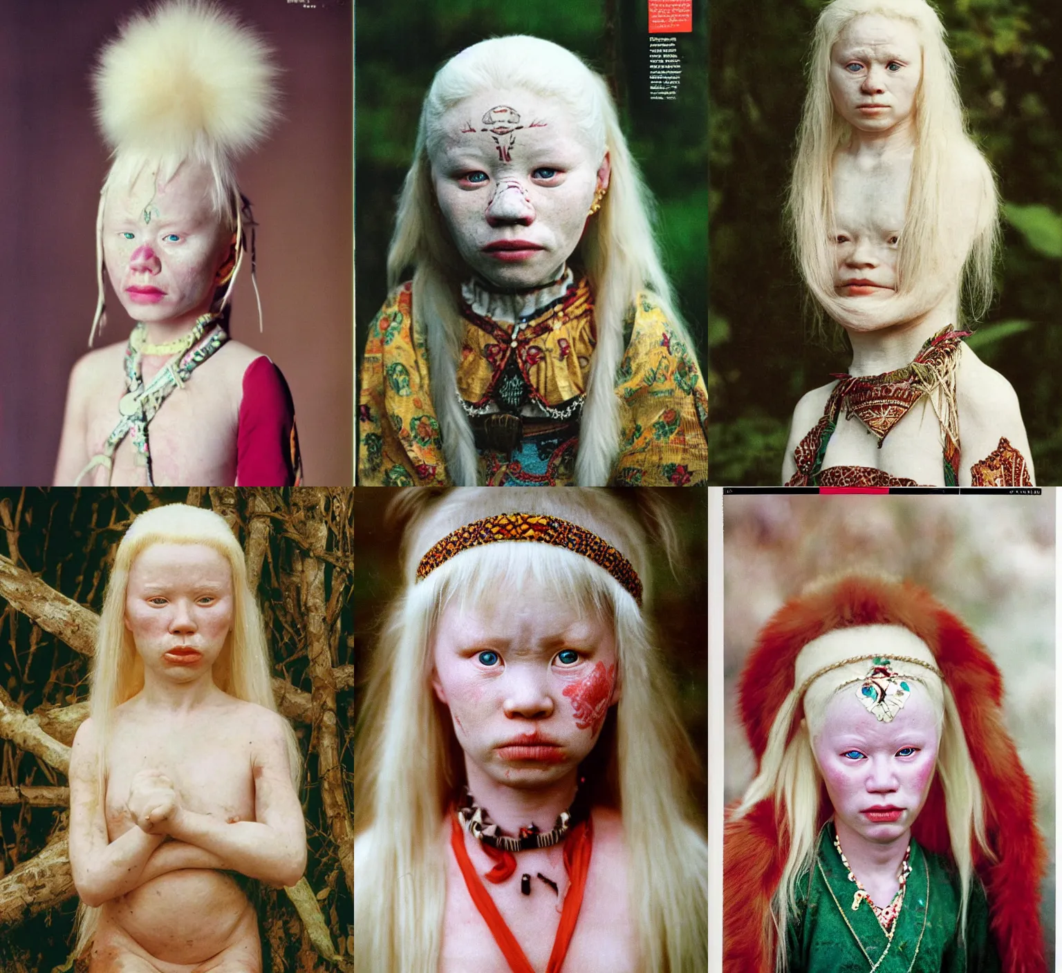 Prompt: portrait photo of the albino tribe princess from Ural, full color magazine article by National Geographic (1998)