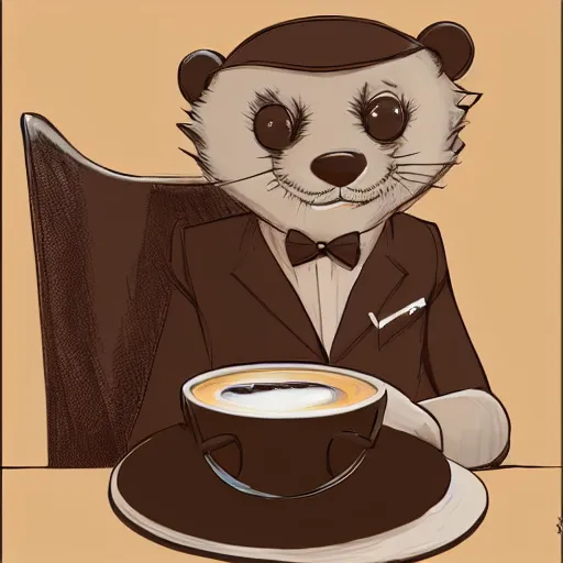 Image similar to anthropomorphic furry otter wearing cool clothes in a coffee shop, trending on art station, furaffinity, syd mead