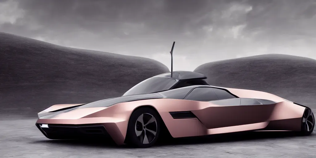 Image similar to a design of a futuristic vehicle, designed by Polestar, blade runner background, brushed rose gold car paint, black windows, dark show room, dramatic lighting, hyper realistic render, depth of field