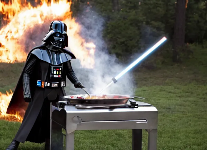 Image similar to film still of Darth Vader cooking on an outdoor grill in the new Star Wars movie, 4k