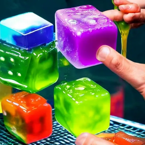 Prompt: gelatinous cubes being processed into magic items with the juice made from their bodies, d & d, industrial photo