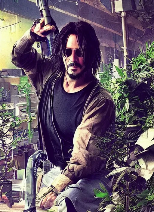 Image similar to solarpunk keanu reeves as a farmer, cyberpunk 2 0 7 7 wake up samurai, solarpunk, lots of plants, gardening, permaculture, anarchy, realistic, ultra detailed