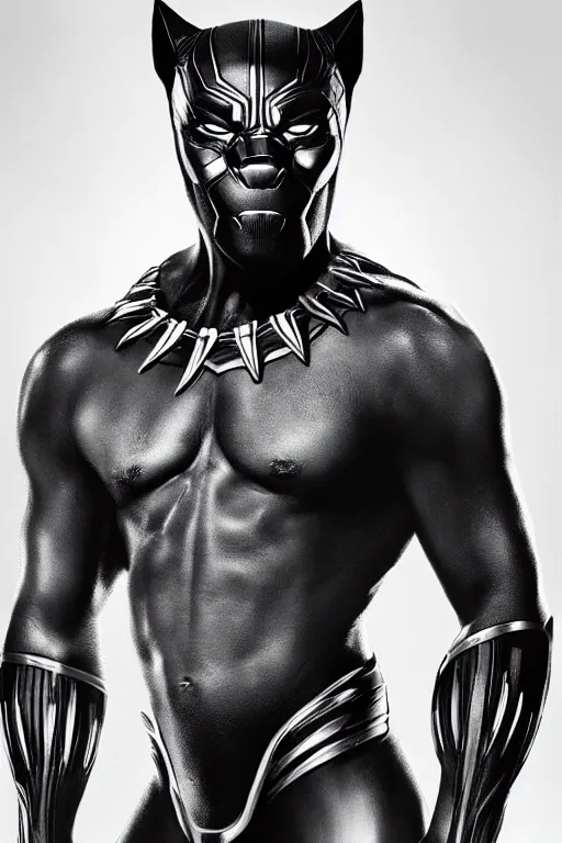 Image similar to portrait of a gay caucasian marvel black panther, award winning portrait