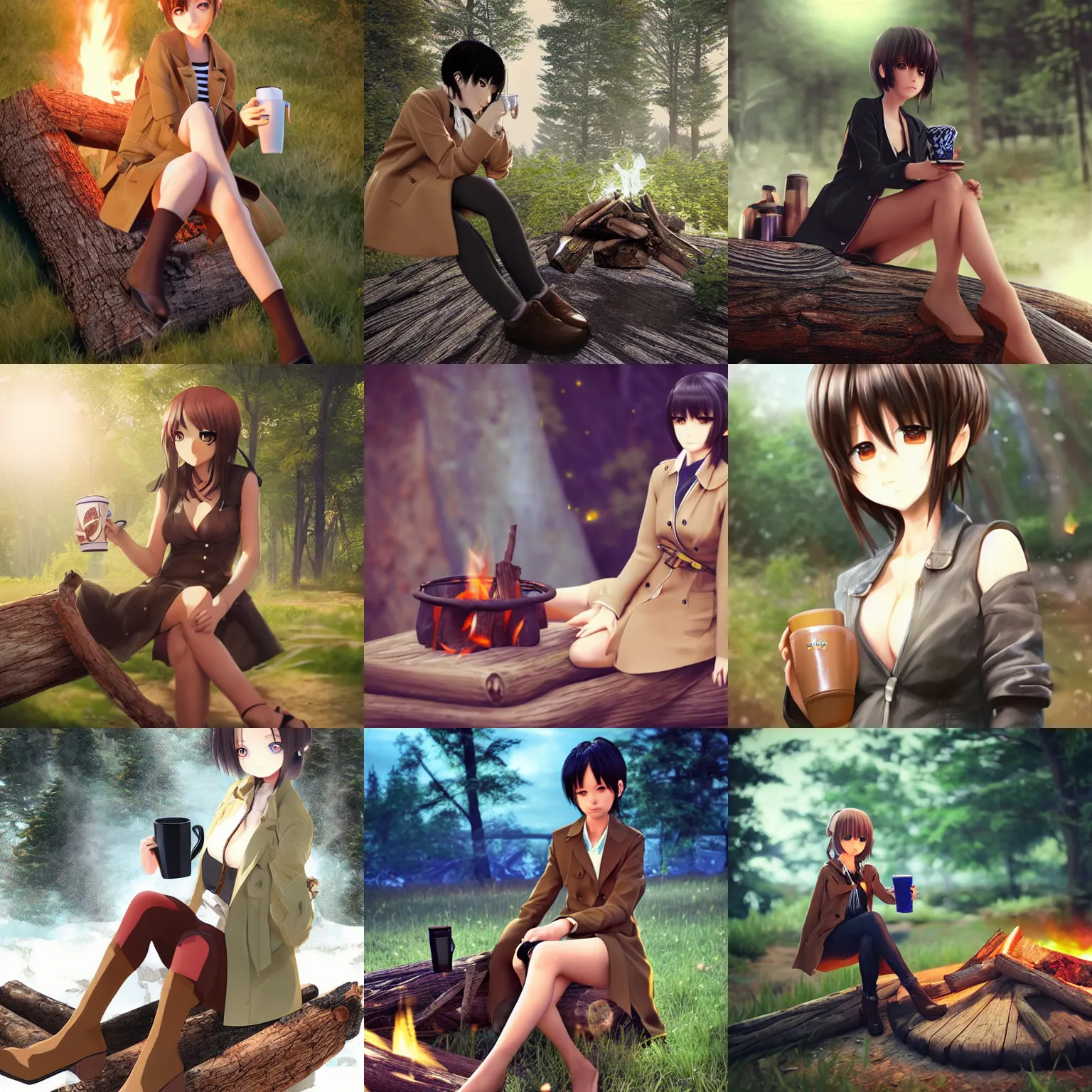 Prompt: A hyper realistic 3d anime girl by WLOP with short black hair and green eyes in a tan trenchcoat sitting on a log and drinking tea by the campfire by her motorcycle at night under the stars, Unreal Engine 5