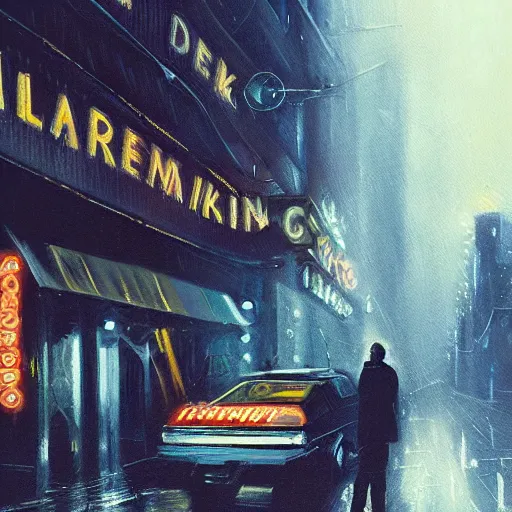 Prompt: detailed painting of a bladerunner vintage newyork, old cmputers on the sidewalk, celestial ephemeral ornaments and greek architecture, artstation, denis villeneuve, cinematic