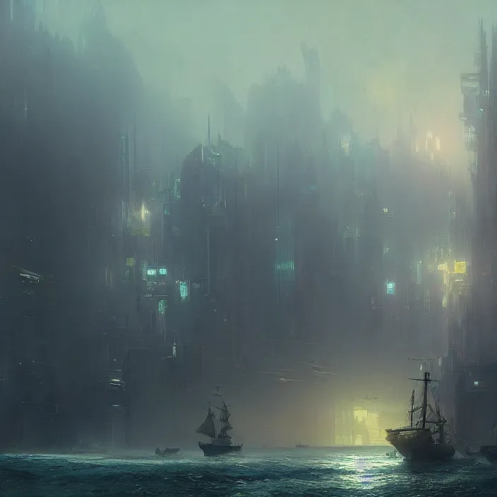 Image similar to a beautiful painting of a cyberpunk city on the sea by ivan aivazovsky and greg rutkowski and james gurney and frank lloyd, in style of unreal engine 5. hyper detailed, sharp focus, soft light. unreal engine 5 lumen. ray tracing. trending on artstation.