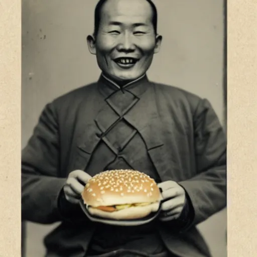 Image similar to a photo of a happy man from qing empire holding a hamburger, award winning photo, high quality, 1 9 th century photo, highly detailed, black and white