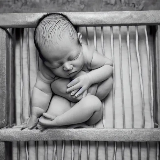 Prompt: a beefed up extremely muscular newborn little baby in a crib, steroids, rippling muscles, huge veins, bulging muscles, ripped, flexing, intense expression, award winning photography, high detail