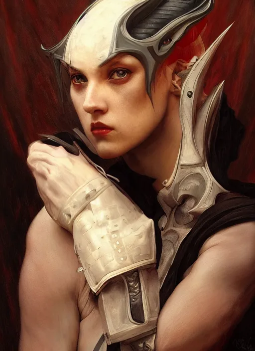 Image similar to portrait demon half human, elegant, wearing a bomber jacket, armor, hyper realistic, whitehorns, extremely detailed, dnd character art portrait, fantasy art,, dramatic lighting, vivid colors, artstation, by edgar maxence and caravaggio and michael whelan and delacroix, lois van baarle and bouguereau