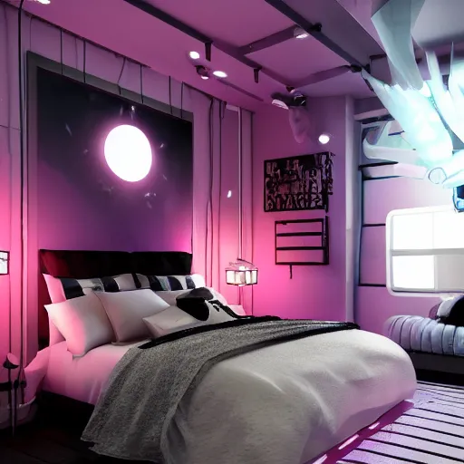 Image similar to a girl's cozy cyber punk bedroom