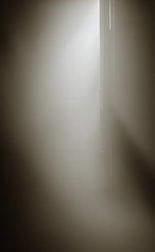 Prompt: dramatic photograph of light coming through a window in a dark room, volumetric fog