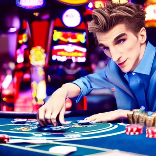 Image similar to film still of xqc gambling in Vegas, 4k, photorealism, artstation style