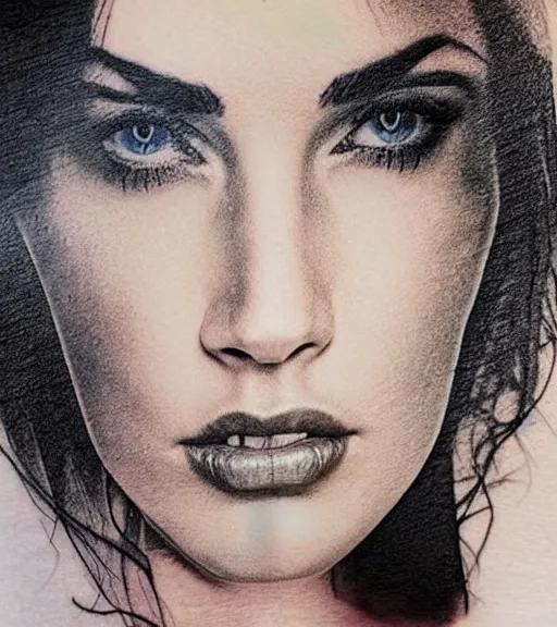 Prompt: realistic tattoo sketch of a megan fox face double exposure mountain scenery, in the style of matteo pasqualin, amazing detail, sharp, faded