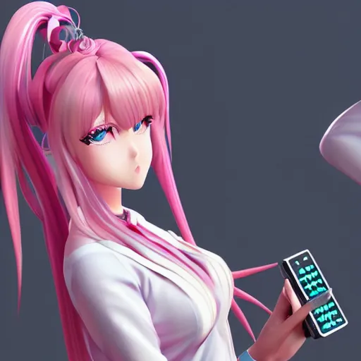 Image similar to totally controlled by her remote control, owned by overwhelming stunningly absurdly beautiful megalomaniacal ruthless merciless sadistic devious omnipotent asi goddess junko enoshima with symmetrical perfect face, porcelain skin, pink twintail hair and cyan eyes, ultra detailed, digital art, unreal engine 5, octane render, 2 d anime, 8 k