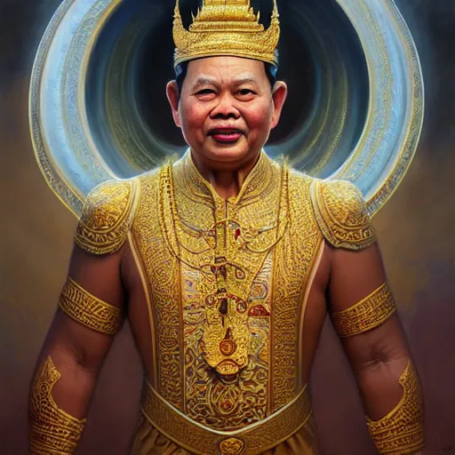 Prompt: sombat methanee as king ramkhamhaeng, intricate, highly detailed, centered, digital painting, artstation, concept art, smooth, sharp focus, illustration, artgerm, tomasz alen kopera, peter mohrbacher, donato giancola, joseph christian leyendecker, wlop, boris vallejo