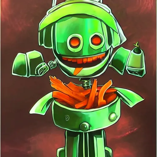 Image similar to robot made of vegetables, tomato head and a carrot sword, made in abyss style