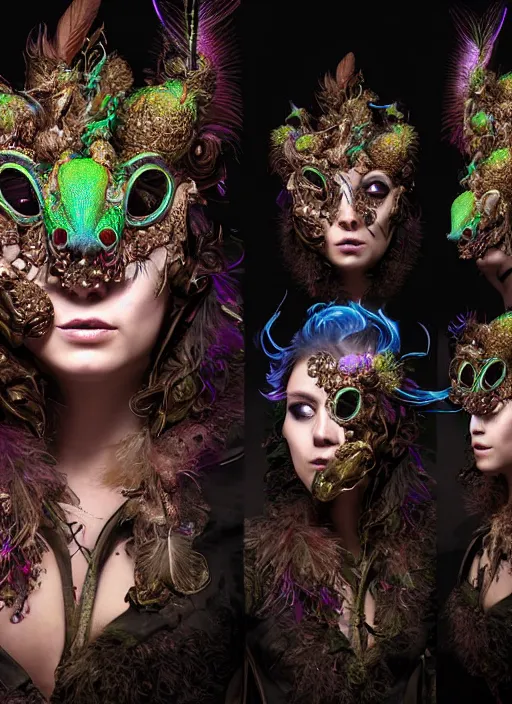 Image similar to 3 d goddess medium shot half - turn portrait with futuristic rococo mycorrhizal fungal implants. beautiful intricately detailed avante garde chameleon mask and alchemical feather and fur sorceress outfit. bioluminescent highlights, polyphony, pulse projections, plasma, creature, artwork by tooth wu and wlop and android jones and beetle and greg rutkowsk