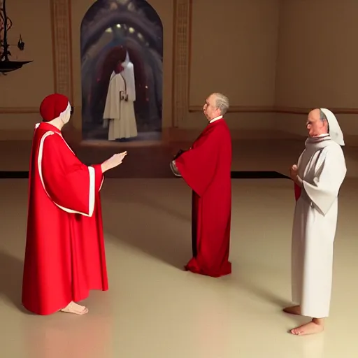 Image similar to octane render by mort kunstler and annie leibovitz and monia merlo, a line of people in colorful tunics receiving holy communion from a monstrous alien creature in a red cardinal robe, 4 d, 4 k, volumetric lighting, ray traced lighting, ultra - detailed