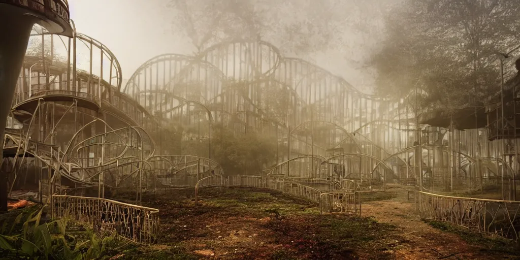 Image similar to creepy view into abandoned theme park with many attractions, including roller coaster with 360 degree loop, fog, rain, volumetric lighting, beautiful, golden hour, sharp focus, highly detailed, cgsociety