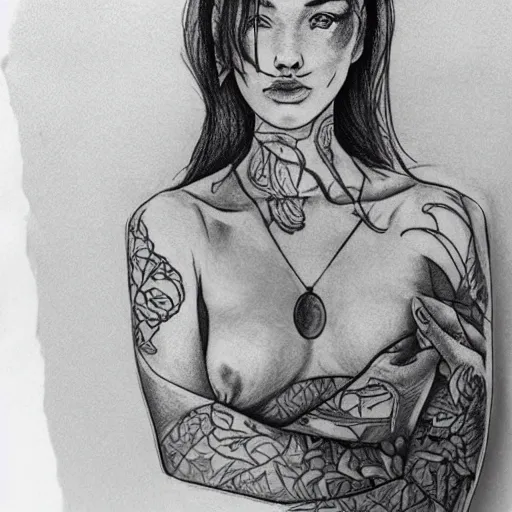 Prompt: tattoo design sketch of a beautiful girl standing against a faded background of beautiful mountain scenery, hyper realistic drawing