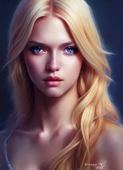 Image similar to a gorgeous female with long blonde hair in the style of stefan kostic, realistic, full body shot, wide angle, sharp focus, 8 k high definition, insanely detailed, intricate, elegant, art by stanley lau and artgerm, floating embers