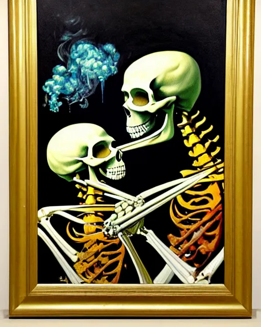 Image similar to oil geometric painting of skull skeletons smoking weed by norman rockwell